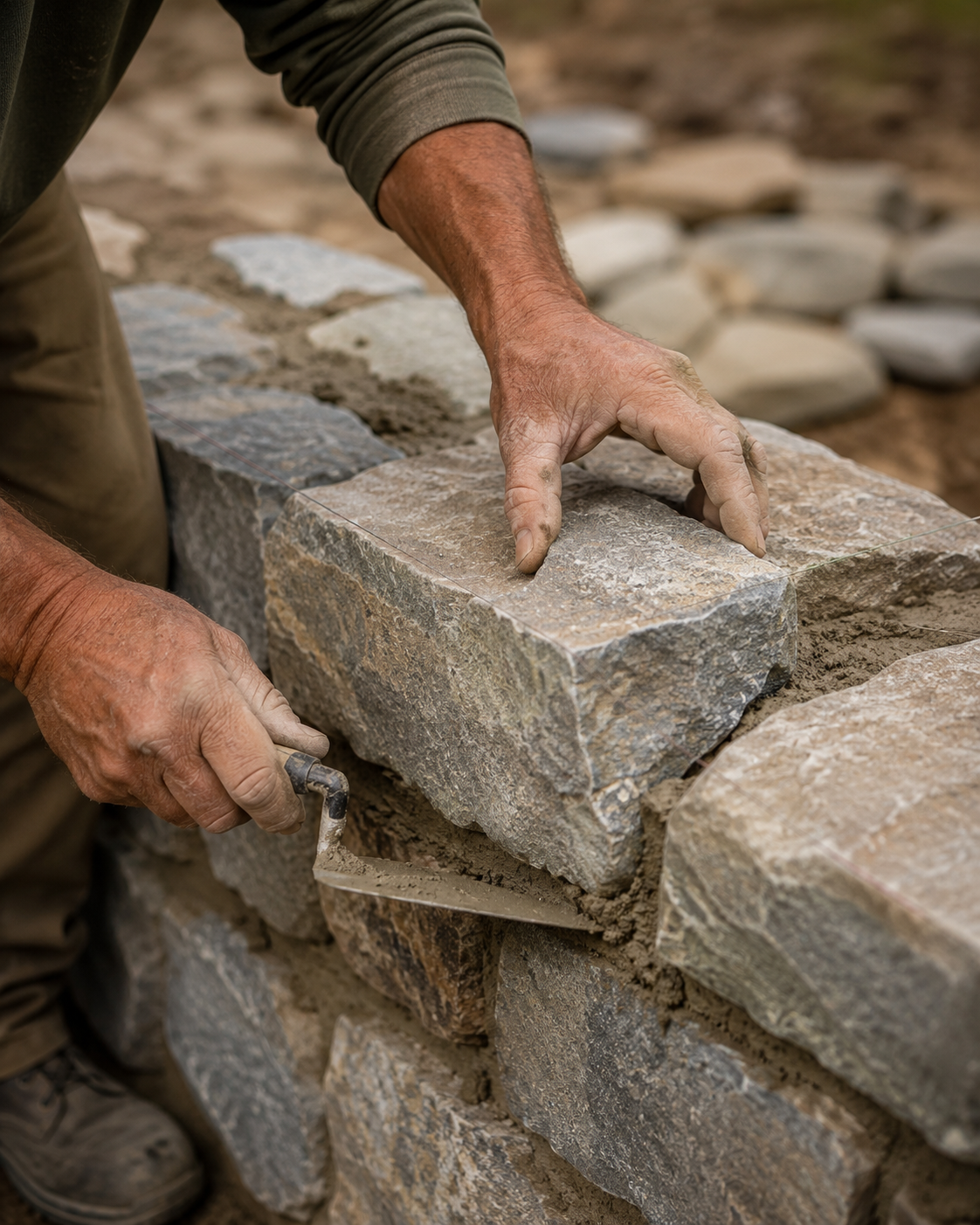 a craftsman’s hands carefully setting or pointing natural stone (bluestone, granite, or limestone)