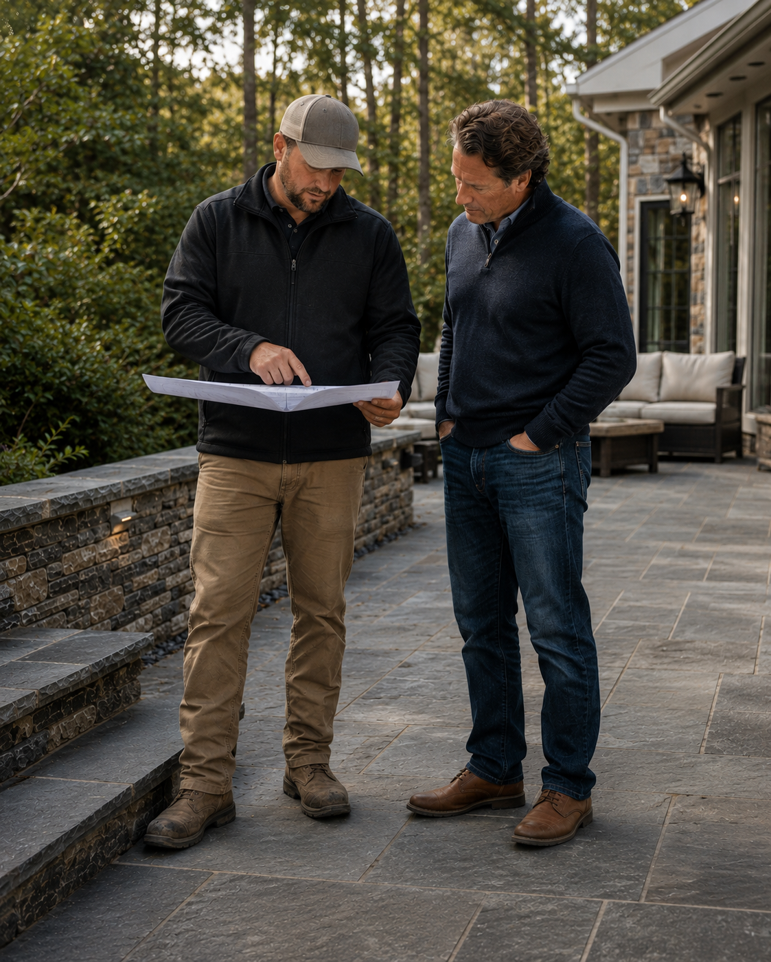 A project manager or lead mason reviewing plans or walking a site with a homeowner